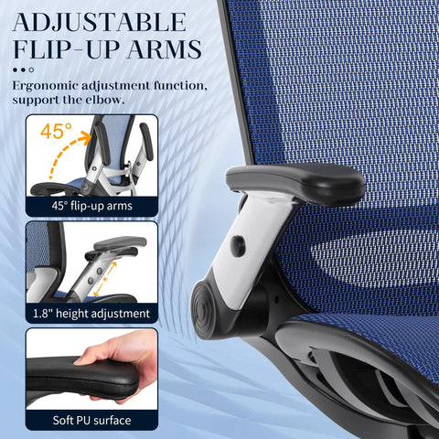 Close-up of blue ergonomic mesh office chair with adjustable headrest, showing 45-degree flip-up armrests and PU surface detail.