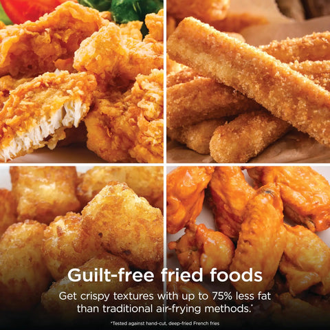 Game Changer 5 Quart Air Fryer With 5In1 Cook Functions For Insanely Crispy Results At 1750 Watts with assorted fried foods.