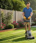 Man mowing lawn with Heavy Duty Galvanized Steel Landscape Edging Kit 20 Ft Total Length 6 Pack 6.5 Inch Tall Bronze border visible