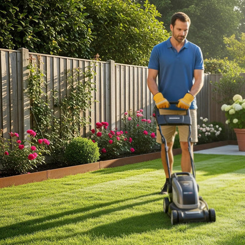 Man mowing lawn with Heavy Duty Galvanized Steel Landscape Edging Kit 20 Ft Total Length 6 Pack 6.5 Inch Tall Bronze border visible