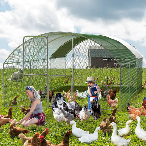 Large Walk In Metal Chicken Coop With Waterproof And UV Resistant Cover For Outdoor Backyard Or Farm Use, Heavy Duty Galvanized Frame