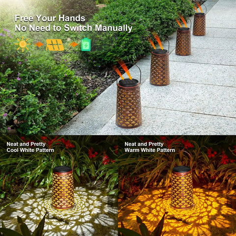 Outdoor Solar Lanterns 4 Pack Hanging Garden Lights Waterproof Metal Yard Pathway Landscape Decor Lamps With 2 Lighting Modes And No Fuss Setup For Backyard Patio And Easy Nighttime Illumination displayed on a pathway and creating light patterns on the ground.