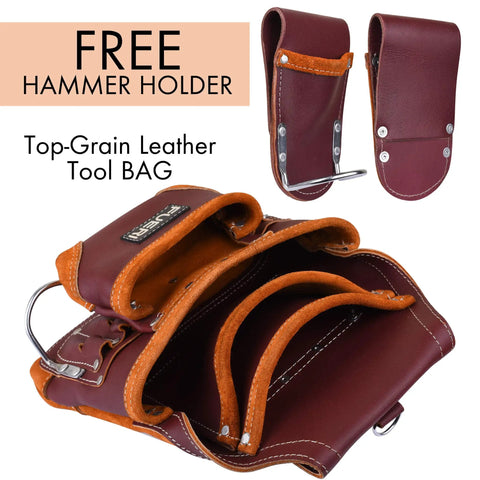 Maroon Leather Tool Pouch With Triple Hammer Holders And 10 Pockets For Construction Pros Carpenters Electricians Framers And Garden Work Built To Last Heavy Gauge 2.5-2.75mm Leather with top grain leather, interior view