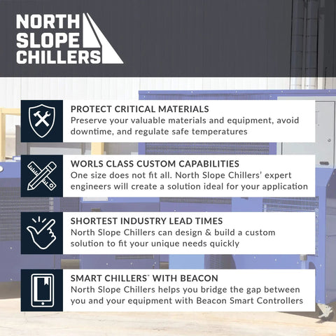 North Slope Chillers advertisement highlighting features such as protection, custom capabilities, quick lead times, and smart controllers.