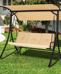 Three Person Porch Swing With Removable Cushions, Solid Steel Frame, Outdoor Patio Swing With Adjustable Canopy For Garden, Backyard, Balcony Or Poolside Beige in a garden setting