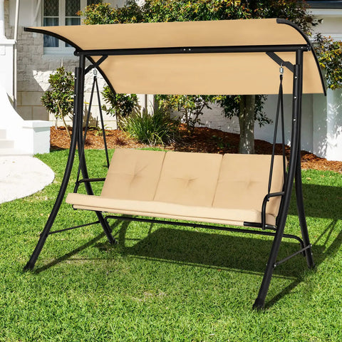 Three Person Porch Swing With Removable Cushions, Solid Steel Frame, Outdoor Patio Swing With Adjustable Canopy For Garden, Backyard, Balcony Or Poolside Beige in a garden setting