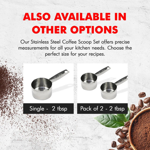 Stainless Steel Coffee Measurer Scoop 2 Tbsp Four Inch Tool For Perfect Brew Every Time and pack option on display