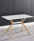 Slick Modern White Dining Table With Scratch Resistant Top And Heavy Duty Metal Bottom Shelf Clean Vibe Setup For Kitchen Hangouts Or Home Office angled view