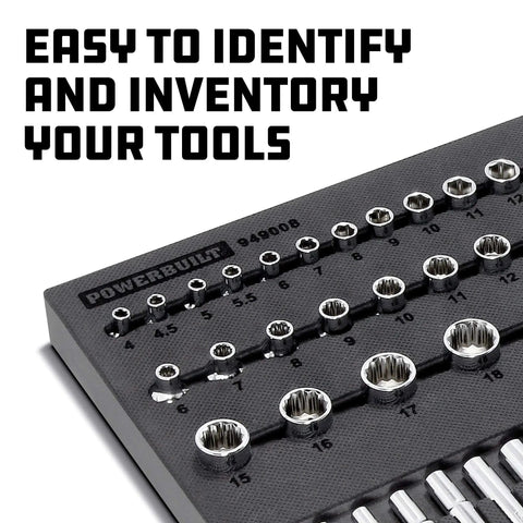 Beefy 85-Piece Metric Master Socket Set With 1/4, 3/8 and 1/2 Inch Drives organized in labeled storage tray