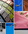 Collage of tarps, fabric, and leather with grommets set using Heavy Duty Grommet Tool Kit With Three Eighths Inch Eyelet Pliers And Ten Millimeter Punch For Tarps Fabric And Leather Includes Hole Punch And Six Hundred Grommets In Gold And Silver Pro Grade Grommet Puncher For DIY Repairs And Craft Projects