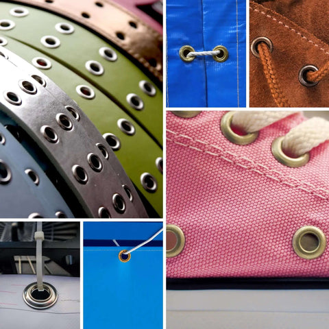 Collage of tarps, fabric, and leather with grommets set using Heavy Duty Grommet Tool Kit With Three Eighths Inch Eyelet Pliers And Ten Millimeter Punch For Tarps Fabric And Leather Includes Hole Punch And Six Hundred Grommets In Gold And Silver Pro Grade Grommet Puncher For DIY Repairs And Craft Projects