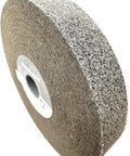 Real Deal No Drag Heavy Duty Deburring And Polishing Wheel 6 Inch Diameter 1 Inch Wide With 1 Inch Arbor Fine 10S Grit side view showing textured surface.