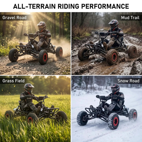 Beast Electric Go Kart For Adults And Teens With 48V 2000W motor navigating diverse terrains: gravel, mud, grass, and snow.