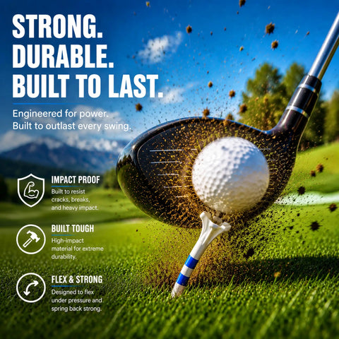 Golf club striking ball on tee, showcasing "170 Pack Five Prong Plastic Golf Tees Set In Three Sizes Three And A Quarter Inch Two And Three Quarters Inch One And A Half Inch White Pro Grade Distance And Stability With Friction Reducing Impact Ribs"