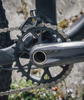 Close-up of Narrow Wide 30T Direct Mount Chainring For Shimano MTB Cranks, One Piece 7075 Aluminum CNC Finish, installed on bike
