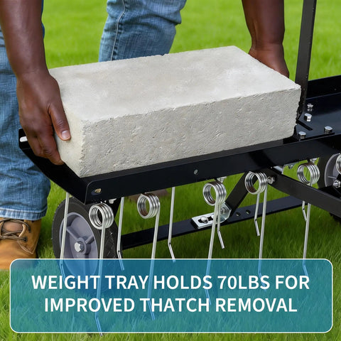 Heavy Duty 48 Inch Tow Behind Dethatcher With 24 Spring Steel Tines And Lift Handle For ATV Or Mower shown with weight tray