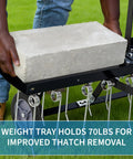 Weight tray on Tow Behind Lawn Dethatcher For Tractors With 24 Spring Steel Tines holding 70lbs for efficient thatch removal.