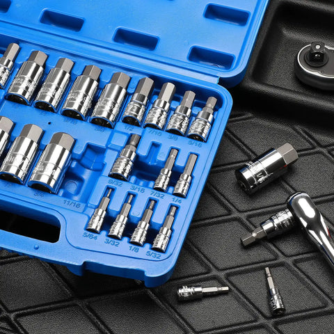 33 Piece Hex Bit Socket Set Master Kit With S2 And Cr-V Steel, SAE And Metric Sockets in blue case on textured surface