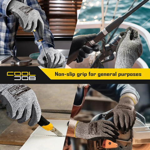 Heavy Duty A4 Cut Resistant Work Gloves With Superior Grip And Breathable PU Coating For Wood Carving Glass Handling And Mechanics Lightweight Gray X Large Durable Protection You Can Trust shown in various uses like wood carving and glass handling.