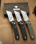 Folding Utility Knife With 2.62 Inch Razor Blade, 5 Extra Replacement Blades, EDC Camping Knife With Pocket Clip, displayed on table