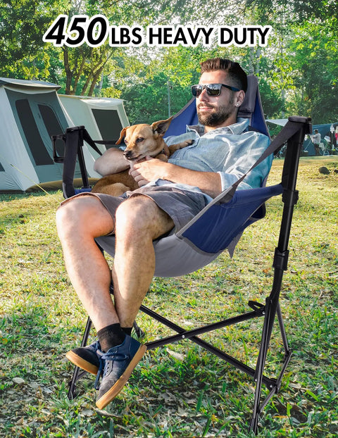 Man relaxing with dog in Hammock Camping Chair With 3 Height Settings And Headrest Portable Adjustable Backrest outdoors.