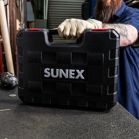 Person holding heavy-duty storage case for 1/2 Inch Drive Impact Socket Set, 19-Piece SAE, Cr-Mo Alloy Steel, radius corner design