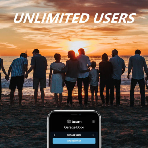 Smart Garage Door Opener Controller With WiFi Upgrade Turns Your Standard Opener Into Voice Command Ready Smart Home Hub With Alexa Google Assistant IFTTT Remote Access No Annual Subscription Required app screen with family on beach at sunset