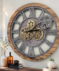 Real Moving Gear Wall Clock Vintage Industrial Home Decor Massive Rustic Farmhouse Timepiece 24 Inch Round Wood with Gears