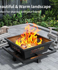 42 Inch Large Square Outdoor Fire Pit With Poker, Wood Burning Fire Pit for Camping, Backyard or Patio with chairs on a patio