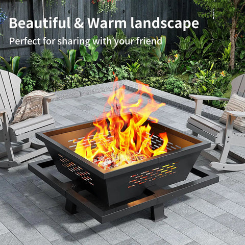 42 Inch Large Square Outdoor Fire Pit With Poker, Wood Burning Fire Pit for Camping, Backyard or Patio with chairs on a patio