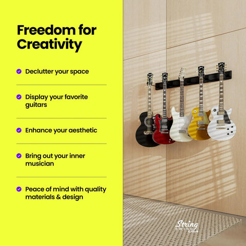 Guitar Wall Rack For Acoustic And Electric Guitars With Five Padded Arm Hangers And Adjustable Hangers Dual 24 Inch Slatwall Rails Black Wall Mount Organizer Made In USA on wall with five guitars displayed.