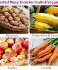 Collage of fresh produce: potatoes, yellow squash and cucumbers, red apples, and carrots