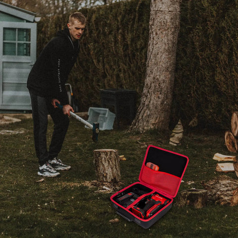 Open Beefy Rugged Hard Storage Case For Craftsman V20 Cordless Drill Kit on grass beside man chopping wood.