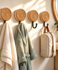 Four Pack Slick Boho Wall Hooks Decorative Wide Opening Coat Rack For Towels Backpacks And Purses With Rock Solid Screw Mount Heavy Duty Home Storage For Keys Jewelry And Everyday Carry holding towels and robe.