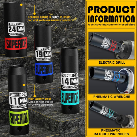 14 Piece One Half Inch Drive Impact Socket Set Built Strong For High Torque, 8 mm To 22 mm Deep Sockets, Metric 6-Point CR-V Steel