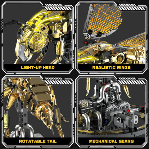 OrbBlaster Mechanical Bee Building Kit For Adults With LED Lights And Moving Wings A Golden Robotic Insect Model For Display And Gift Idea 832 Piece Collectible Toy Set