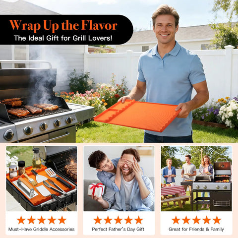 Man holding Orange Silicone Griddle Mat 5 In 1 Organizer for BBQ tools beside outdoor grill with family scenes below