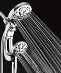 High Pressure 3 Way Rain And Handheld Shower Head Kit with Easy Reach Diverter showing dual spraying in chrome finish
