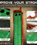 Indoor Golf Putting Mat With Ball Return Realistic Putt Surface showing features like two hole sizes and ball return system