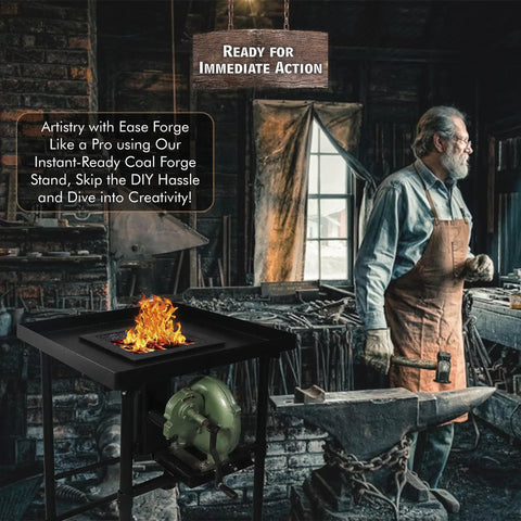 Coal Forge Stand With Fire Pot And Hand Blower For Blacksmithing in workshop setting with man wearing apron and gloves