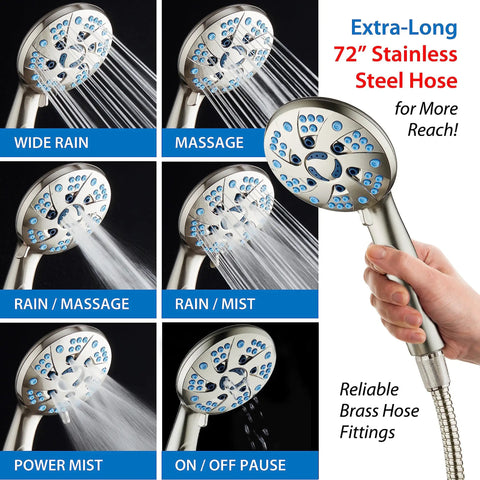 High Pressure Spa Shower System With 6 Inch Rain Head And Handheld 3 Way Shower Head Combo 48 Modes Anti Clog Nozzles Extra Long 6 Ft Stainless Steel Hose Adjustable Arm Wall Bracket Nickel Finish For Home Spa Vibe