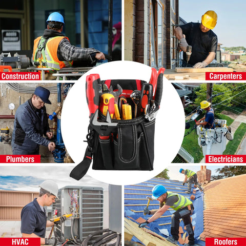 Collage of professionals using Open Top Tote Tool Bag with Steel Handles and Shoulder Strap 18.5 inch Black and Yellow 44 Pockets.