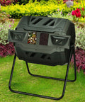 43 Gallon Composting Tumbler With Dual Chamber Design And Two Sliding Doors in garden setting for backyard composting.