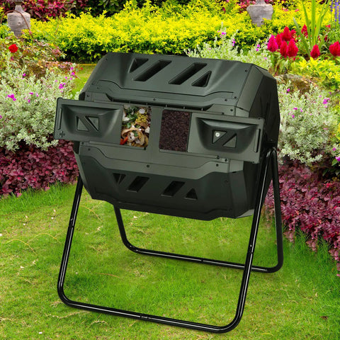 43 Gallon Composting Tumbler With Dual Chamber Design And Two Sliding Doors in garden setting for backyard composting.