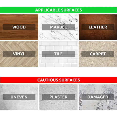 Image showing applicable surfaces for Two Sided Rug Tape That Grips Like Crazy, including wood, marble, leather, vinyl, tile, carpet.