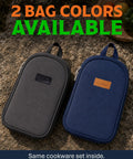 Two portable carry cases for the 12 Piece Camp Cooking Utensil Set With Portable Carry Case For Camping Hiking Travel And BBQ Grilling Stainless Steel Outdoor Kitchen Kit With Spatulas Tongs Forks Spoons Knives Navy, available in grey and navy.
