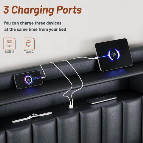 Three charging ports on Heavy Duty Black King Size Platform Bed Frame With Padded Headboard for device connectivity.