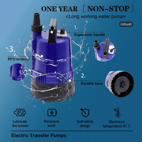 Go To Submersible Water Pump For Ponds, Pools, Basements And Drains 1/2 HP 1700 GPH, blue pump with ergonomic handle and durable base