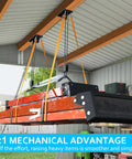 Ceiling Ladder Hoist System For Garage Storage Heavy Duty Pulley Lift Holds Up To 150 Lbs showing installed hoist lifting items in garage