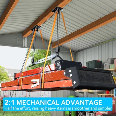 Ceiling Ladder Hoist System For Garage Storage Heavy Duty Pulley Lift Holds Up To 150 Lbs showing installed hoist lifting items in garage